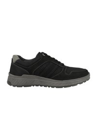 Schwarzer Sportschuh aus Wildleder und Leder, mit grauen Akzenten, gepolstertem Zwischensole und kontrastierenden Nähten. Schnürdesign.