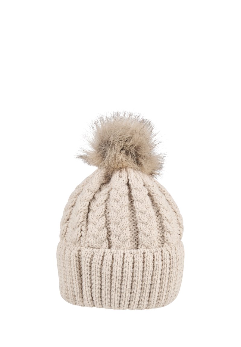 Beige knitted winter hat with a folded brim and a fluffy brown pom-pom on top.