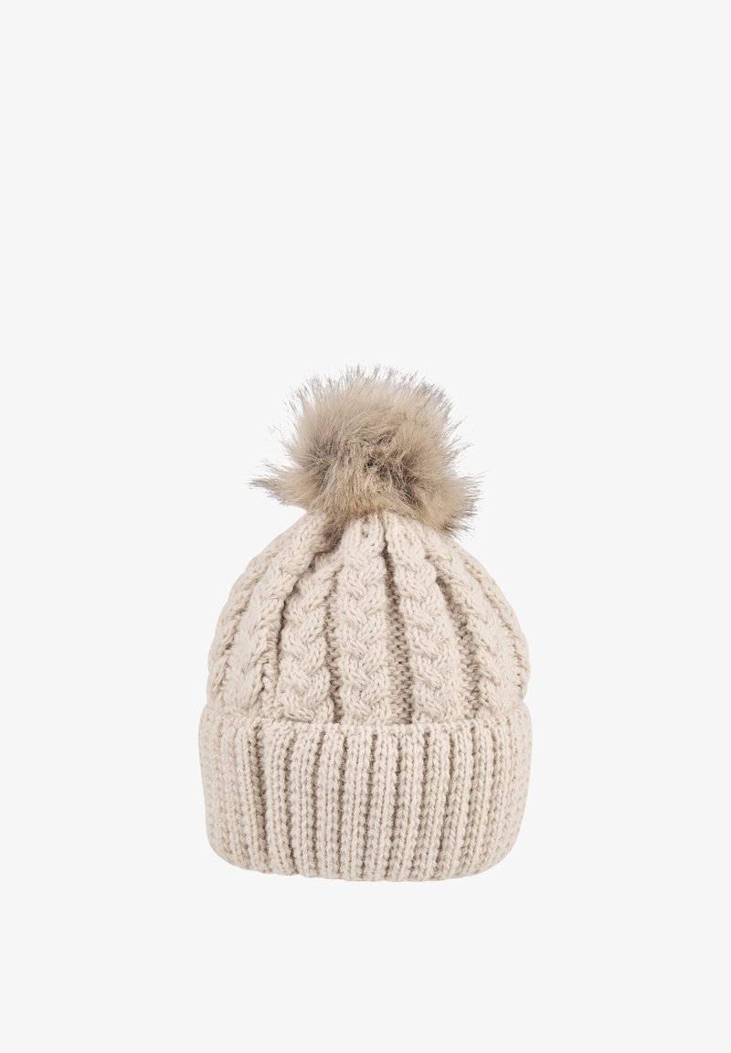 Beige knitted winter hat with a folded brim and a fluffy brown pom-pom on top.