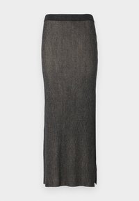 Jupe côtelée tricotée en gris foncé avec une silhouette ajustée, des fentes sur les côtés et une large taille ; texture douce avec un léger éclat.