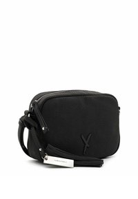 Borsa a tracolla nera realizzata in materiale perforato, con chiusura a zip, manico corto e tracolla staccabile. Accentatura con logo sul davanti.