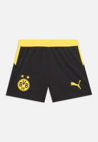 Pantalones cortos deportivos negros con cinturilla amarilla y acentos laterales, con el logo de Borussia Dortmund y el logo de Puma en amarillo.