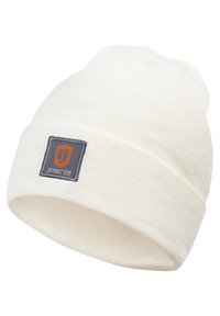 White knitted beanie with a folded cuff, featuring a gray patch labeled "JEANSCODE" and an orange shield logo. Soft texture, casual design.