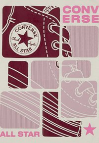 Red and pink graphic design featuring a stylized Converse Chuck Taylor All Star shoe, with bold text and varied striped patterns.