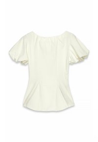 Blusa color crema con maniche a palloncino corte, scollatura arricciata e pieghe laterali, realizzata in tessuto liscio con una texture morbida.