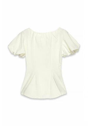Cream-colored blouse with short puff sleeves, gathered neckline, and side pleats, made from smooth fabric with a soft texture.
