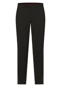 Pantaloni neri su misura realizzati in tessuto morbido, con gamba dritta, tasche frontali e chiusura con un solo bottone.