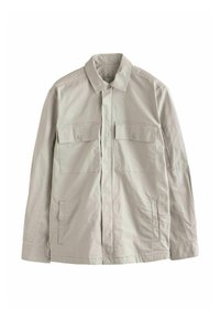 Hellgraue, langärmlige Jacke mit klassischem Kragen, zwei Brusttaschen, Seitentaschen und einem glatten, strukturierten Stoff.