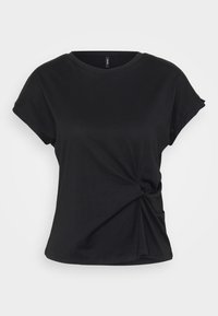 Zwarte katoenen t-shirt met een ronde hals, korte mouwen en een gedraaide knoopdetail bij de taille, met een gladde textuur.