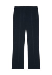 Zwarte, rechte broek van zachte stof, met een knoopsluiting en twee verticale naden aan de voorkant voor extra detail.