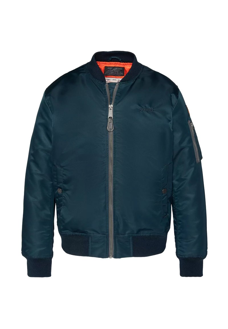 Chaqueta de bombardero en color navy con un acabado suave, cremallera frontal y puños acanalados. Cuenta con forro naranja y un bolsillo con cremallera en la manga.