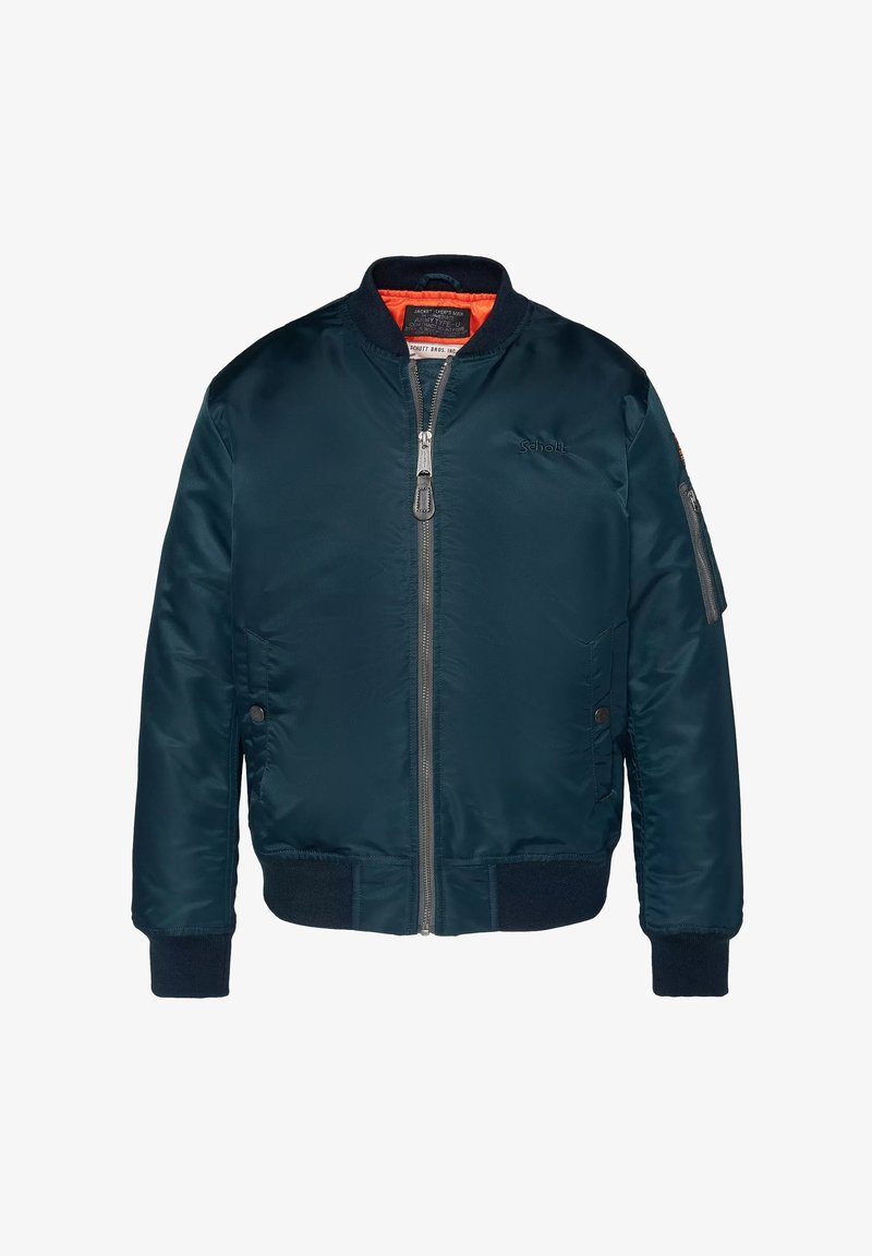Chaqueta de bombardero en color navy con un acabado suave, cremallera frontal y puños acanalados. Cuenta con forro naranja y un bolsillo con cremallera en la manga.