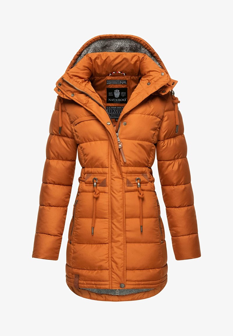 Veste d'hiver orange rembourrée avec une capuche en fourrure, taille ajustable par cordon, fermeture éclair à l'avant et deux poches latérales. Dispose d'un motif matelassé.