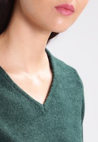 Grüner Wollpullover mit V-Ausschnitt, der eine weiche Textur und eine leicht taillierte Silhouette aufweist. Keine sichtbaren Muster oder metallischen Details.