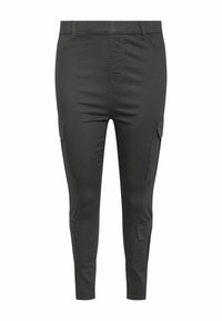 Pantalones cargo negros con un ajuste slim, fabricados con material duradero. Cuenta con múltiples bolsillos, una cintura y un diseño de pierna ajustada.