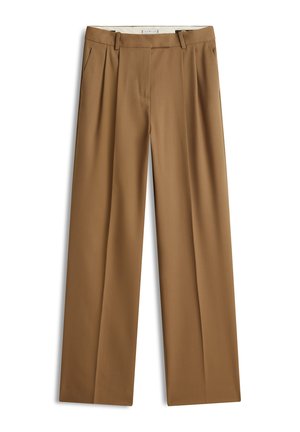 Light brown, wide-leg trousers made from a smooth fabric, featuring front pleats and side pockets, with a tailored design.