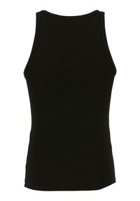 Sort ribbet tanktop med rund halsudskæring og ærmeløs design. Har en tætsiddende silhuet og glat tekstur.