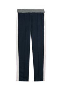 Marineblauwe joggingbroek met een grijze tailleband, voorzien van witte zijkanten en voorzakken. Gemaakt van zachte, gestructureerde stof.