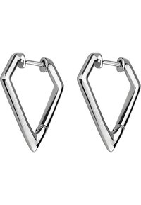 Orecchini a cerchio triangolari in argento con un design geometrico, finitura lucida e chiusura a cerniera, contrassegnati con "LIEBESKIND."