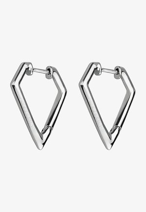 Silberne dreieckige Creolen mit einem geometrischen Design, einer polierten Oberfläche und einem Scharnierverschluss, gekennzeichnet mit "LIEBESKIND."