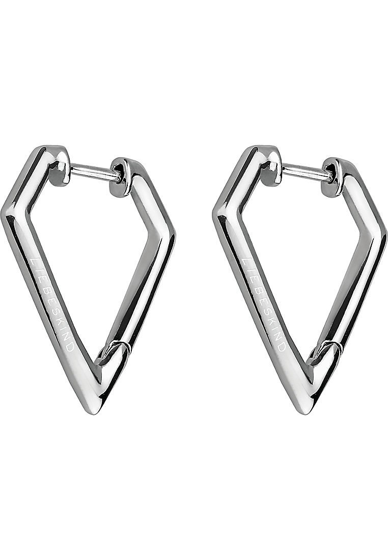 Orecchini a cerchio triangolari in argento con un design geometrico, finitura lucida e chiusura a cerniera, contrassegnati con "LIEBESKIND."