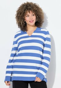 Blau-weißer gestreifter Pullover mit V-Ausschnitt und Kragen. Verfügt über lange Ärmel, eine lockere Passform und gerippte Textur an den Bündchen und dem Saum.