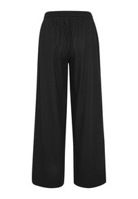 Zwarte brede broek met een elastische tailleband. Gemaakt van een lichtgewicht materiaal met een gladde textuur en zonder zichtbare patronen of accenten.
