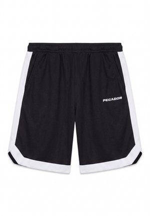 Zwarte sportshorts met witte zijpanelen en bies, elastische tailleband, zijzakken en "PEGADOR" logo op het rechterbeen.