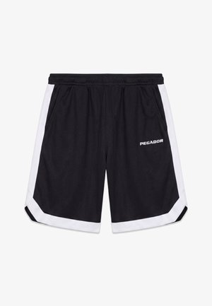 Zwarte sportshorts met witte zijpanelen en bies, elastische tailleband, zijzakken en "PEGADOR" logo op het rechterbeen.