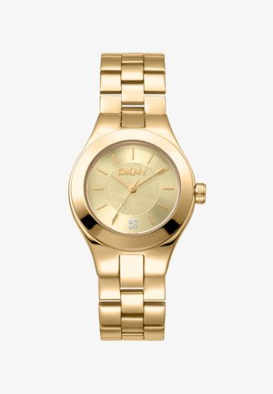 Goldfarbene Metalluhr mit einem strukturierten goldenen Zifferblatt, drei diamantähnlichen Akzenten und einem polierten Gliederarmband. Verfügt über minimalistische Stundenmarkierungen.