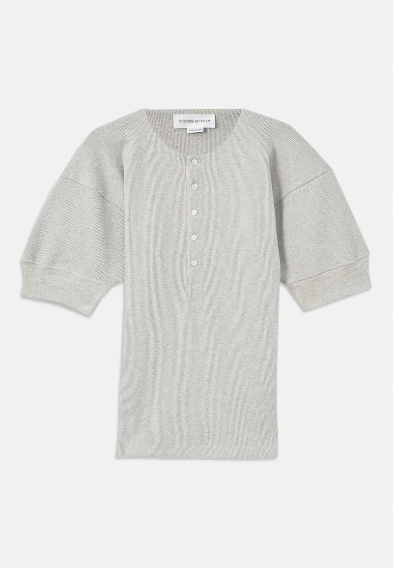 Light gray ribbed short-sleeve top with a round neckline and five button placket. Soft texture, loose fit, and cuffed sleeves.