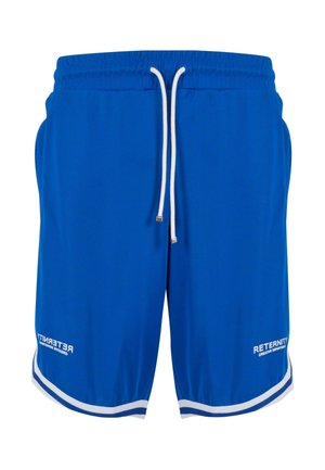 Blaue Sportshorts aus leichtem Material, mit einem weißen Kordelzug, kontrastierenden weißen Seitenstreifen und Logotext am Saum.