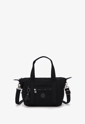 Schwarze Nylon-Handtasche mit zwei oberen Griffen und einem verstellbaren Schulterriemen. Verfügt über Reißverschlusstaschen, ein Logo-Patch und einen dekorativen Anhänger.