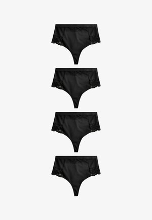 Schwarze hochgeschnittene Unterhosen mit Spitzenbesatz, die eine glatte satinähnliche Oberfläche und subtile Seiteneinschnitte aufweisen. Vier Paare ausgestellt.