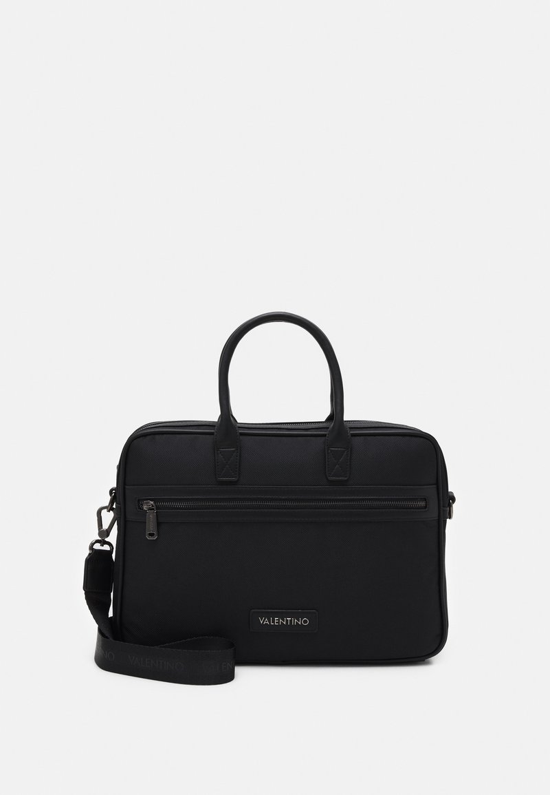 Black rectangular Valentino briefcase with top handles, front zip pocket, and adjustable shoulder strap on a white background.