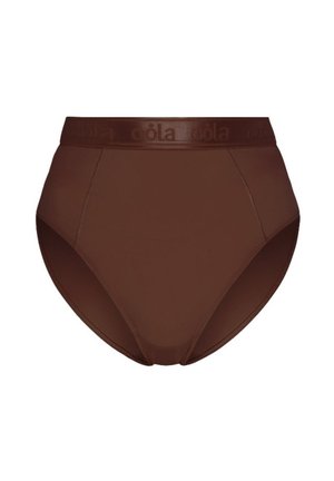 Ruskea korkeavyötäröinen alushousu, jossa on sileä, joustava kangas ja litteä vyötärönauha, jossa on kohotettu logo-tyyli. Yksinkertainen ja saumaton muotoilu.