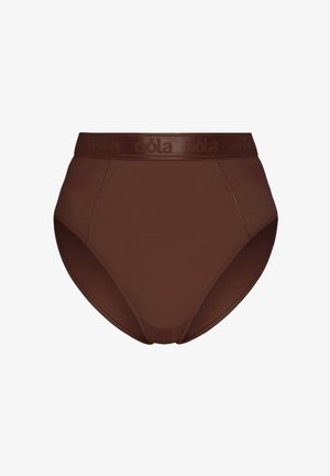 Ruskea korkeavyötäröinen alushousu, jossa on sileä, joustava kangas ja litteä vyötärönauha, jossa on kohotettu logo-tyyli. Yksinkertainen ja saumaton muotoilu.