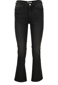Svarta denimflares med hög midja, femficksdesign och subtila oranga sömmar. Slät textur, avslappnad passform.