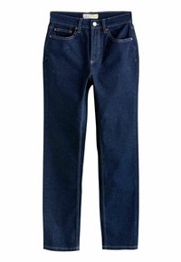 Dunkelblaue Jeans aus Denim mit geradem Bein, fünf Taschen und goldenen Nähten. Mit einem Knopf- und Reißverschluss vorne.