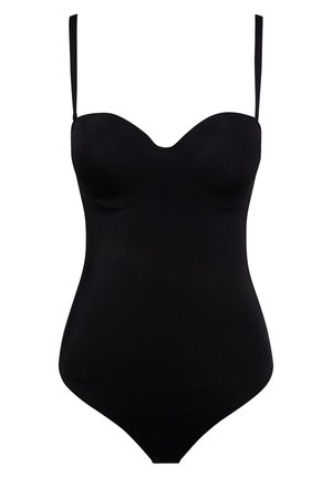 Sort bodysuit med justerbare tynde stropper, glat tekstur, sweetheart-udskæring og tætsiddende design. Ingen synlige metaldele eller mønstre.