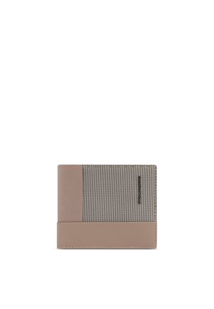 Wallet with a beige and textured dark gray checkered pattern, featuring a smooth beige bottom and side panel on a white background.