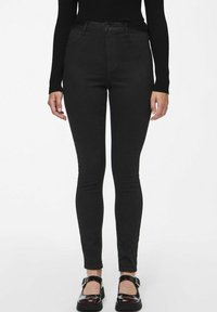 Sorte høy midje jeans med slim fit, laget av denim, med en frontknapp, beltehemper og minimal sømdetalj.