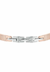 Bracciale in metallo con anelli uniti in tonalità oro rosa e argento, con una finitura lucida e una chiusura contrassegnata "Morellato."