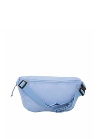 Hellblaues Kreuzbody-Bag aus Stoff mit verstellbarem Tragegurt, Reißverschluss und strukturiertem Oberflächen. Hat eine einfache, geschwungene Form.