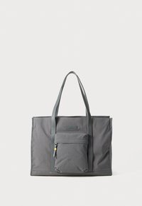 Sac fourre-tout rectangulaire gris avec deux poignées supérieures et une poche zippée à l'avant, présenté sur un fond blanc.
