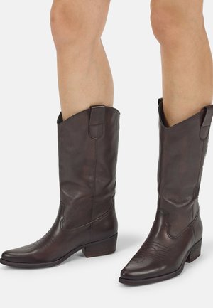 Dunkelbraune Leder-Cowboystiefel bis zur Mitte der Waden mit spitzen Zehen und niedrigen gestapelten Absätzen an einer Person mit nackten Beinen.