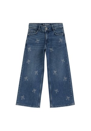 Jeans a gamba larga blu scuro per bambini con motivi a fiocco di strass distribuiti sulle gambe anteriori e design classico a cinque tasche.