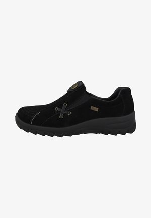 Black suede shoes with a rounded toe, decorative stitching, and a toggle closure. Rubber sole with textured grip for stability.
