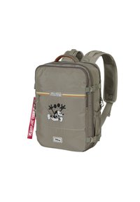 Mochila de nylon gris con una ilustración de Mickey Mouse, correas ajustables, un asa superior y un bolsillo lateral con una etiqueta.