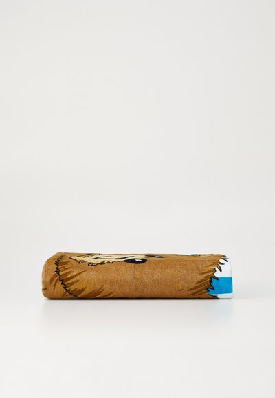 Brown rolled blanket with a cartoon bear design, featuring blue accents and a textured finish, folded neatly for storage.